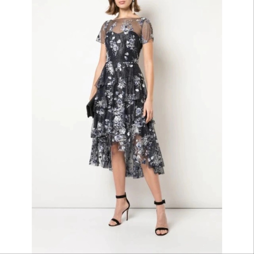 Marchesa Notte Embroidered Glitter Tulle Asymmetrical Ruffle Tiered Dress